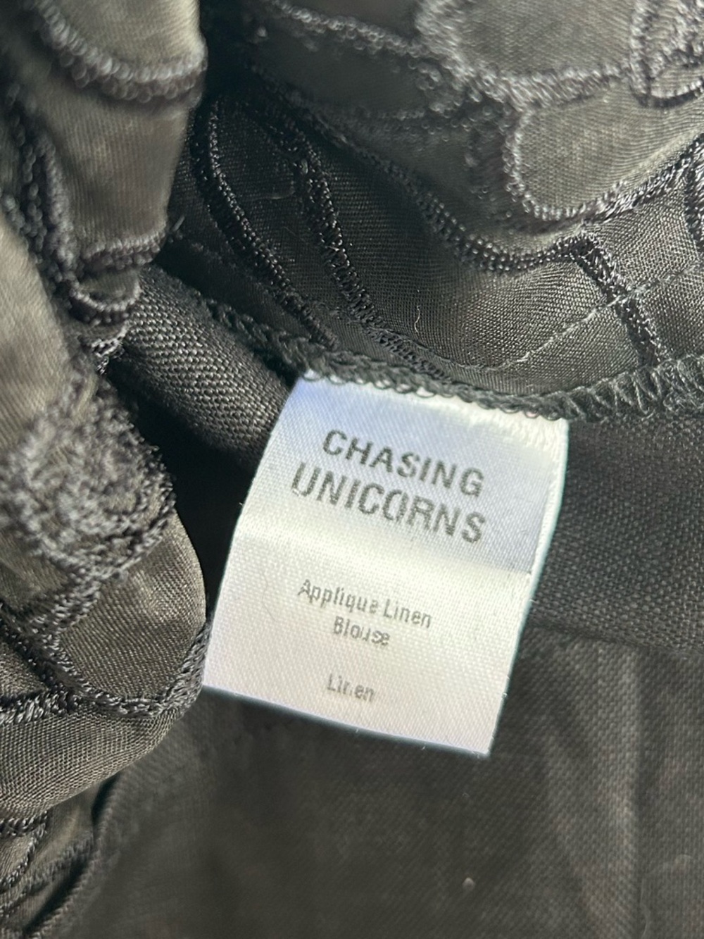 Chasing Unicorns Embroidered Black Satin Puff Sleeve Blouse Linen - Picture 4 of 5